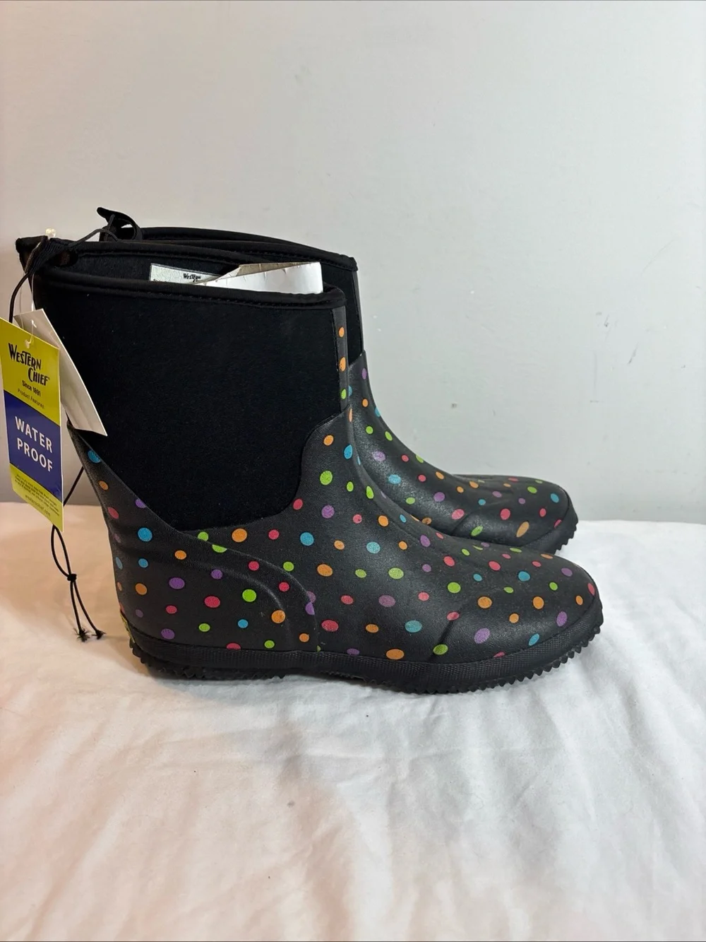 Western Chief Women’sWaterproof Polka Dot Rain Boots - Black with Multicolor Dot